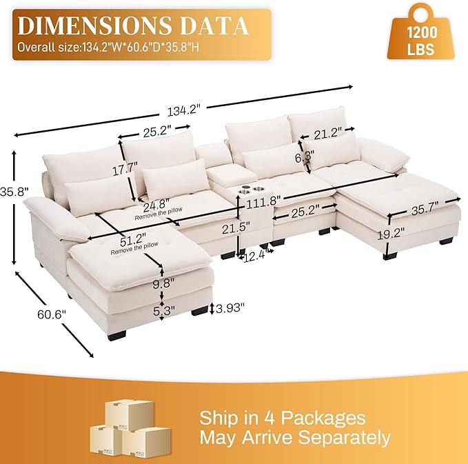134"U Shaped Sectional Couch for Living Room, Modern Chenille 6 Seat Living Room Sofa Set with Storage Console, Oversized Modular Sectional Fluffy Couch with Tufted Buttons & Chaise Lounge,Beige