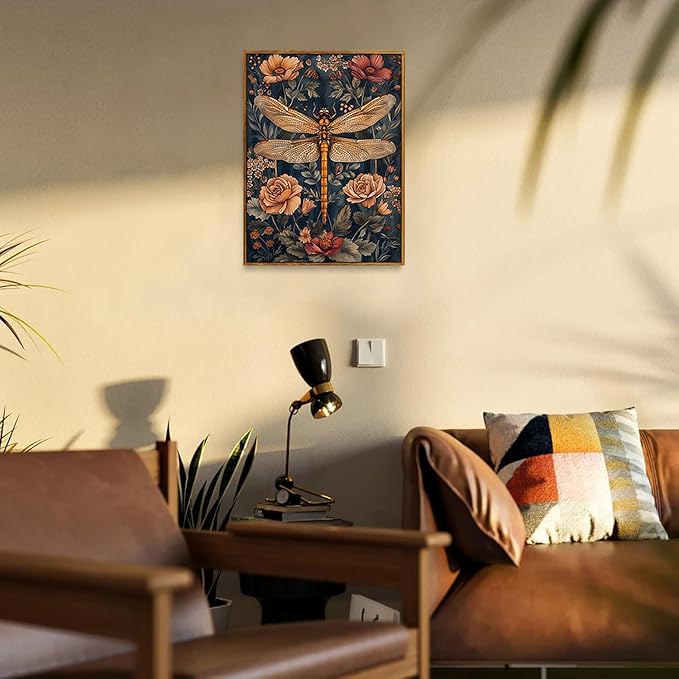 Djmwtb Framed Wall Art Vintage Wall Decor Dragonfly Canvas Art Floral Pictures Botanical Paintings Dark Prints Nature Artwork for Bedroom Living Room