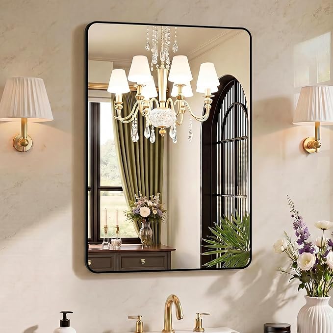 OLIXIS Bathroom Mirror for Over Sink, 38x26 Inch Wall Mount Mirror with Rounded Rectangle and Matte Metal Framed, Modern Wall Vanity Mirror for Home Decor, Living Room, Bedroom, Black