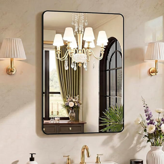 OLIXIS Bathroom Mirror for Over Sink, 38x26 Inch Wall Mount Mirror with Rounded Rectangle and Matte Metal Framed, Modern Wall Vanity Mirror for Home Decor, Living Room, Bedroom, Black