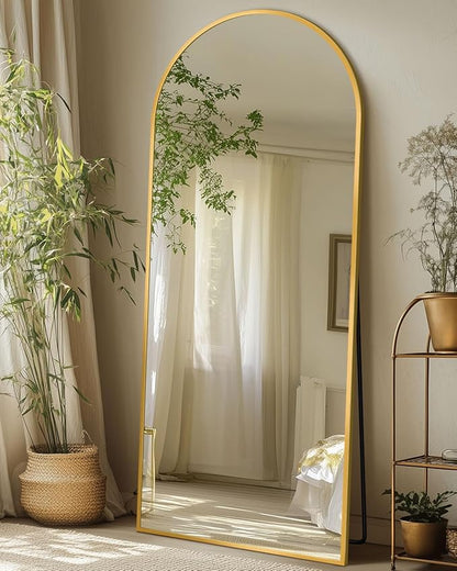 Full Length Mirror with Stand, 58"x19" Arched Full Body Mirror, Large Stand Up Aluminum Frame Floor Freestanding Hanging Leaning Mounted for Bedroom Living Room Entryway Gold