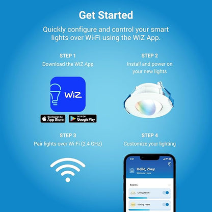 HALO 4 in Smart Wi-Fi Canless LED Recessed Downlight Connected by WiZ Pro with Adjustable Gimbal, Dimmable Full Color Changing, SpaceSense Motion Detection, Smart Home Compatible - RAWZC409