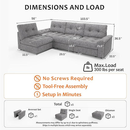 Oversized Modular Sectional Sofa with Storage, Modern Deep Seat Cloud Couch for Living Room, L-Shaped Large Sectional Couch, 4 Seater, Gray