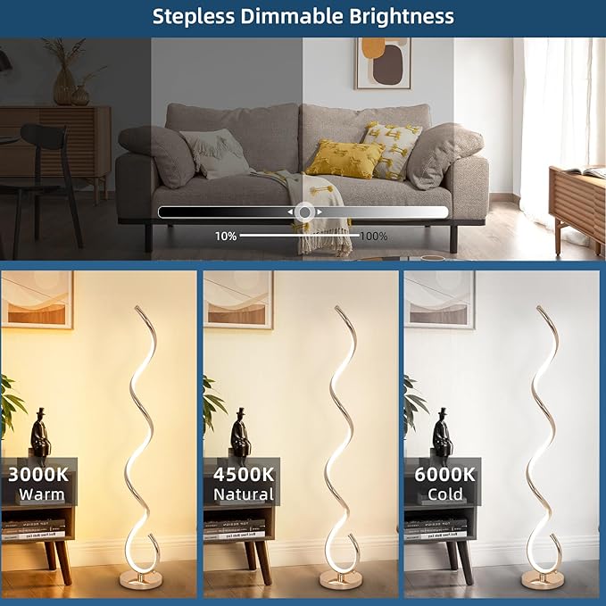 EIDISUNY Modern Spiral Floor Lamp for Living Room, Bedroom & Office - 3 Color Temperature LED with Remote & Foot Switch, Dimmable 48W (Gold)
