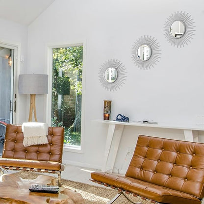 3 Set Sunburst Mirrors for Wall Decor Living Room Bedroom Bathroom Dining Room Metal Boho Sunburst Wall Mirror Set Gold Metal Vintage Circle Art Pack - Silver 11.8 in