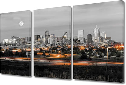 TUMOVO American Cityscape Wall Decor 3 Piece Denver Nighttime Lightscape Art Prints Wall Decor Living Room Beautiful Skyscrapers Skyline House Decor Framed Ready to Hang (36" Wx24 H)