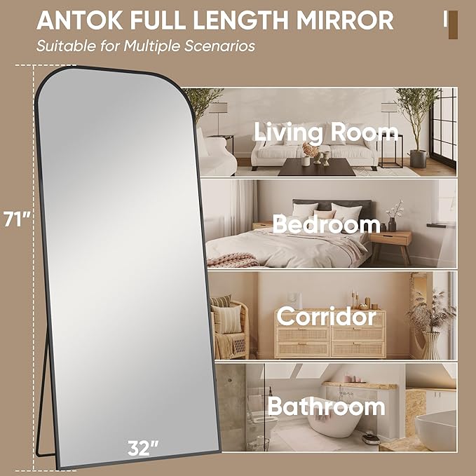 Antok Full Length Mirror, 71"x32" Floor Mirror Freestanding, Arched Floor Standing Large Mirror Full Body Mirrors with Stand for Bedroom, Hanging Mounted Mirrors for Living Room, Black