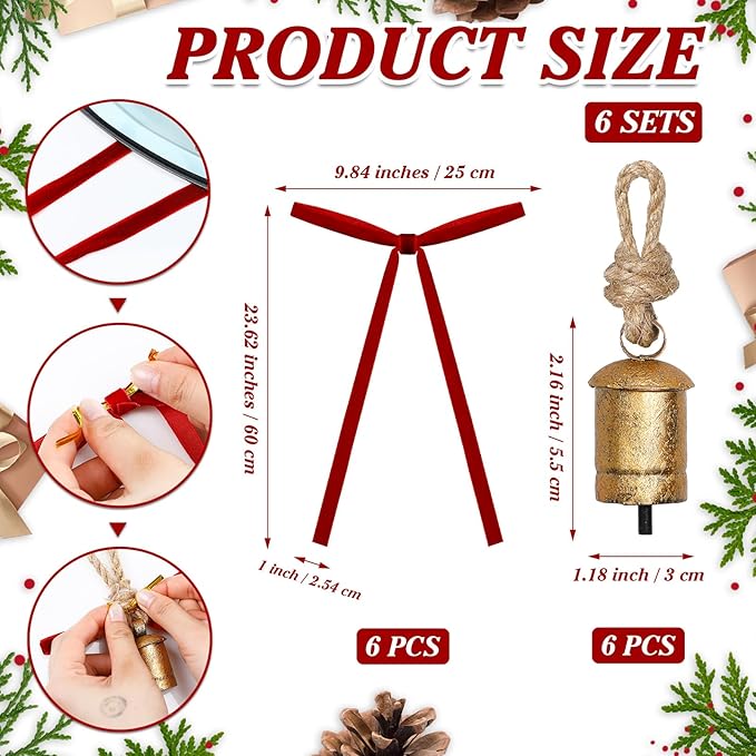 Suncalla 6 Pcs Rustic Gold Bells with 6 Pcs Burgundy Velvet Bows Mini Handmade Hanging Ornament Decorative Antique Bells Velvet Bows for Xmas Tree Crafts Door Wreath Decoration DIY Party Supplies