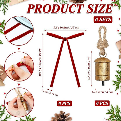 Suncalla 6 Pcs Rustic Gold Bells with 6 Pcs Burgundy Velvet Bows Mini Handmade Hanging Ornament Decorative Antique Bells Velvet Bows for Xmas Tree Crafts Door Wreath Decoration DIY Party Supplies