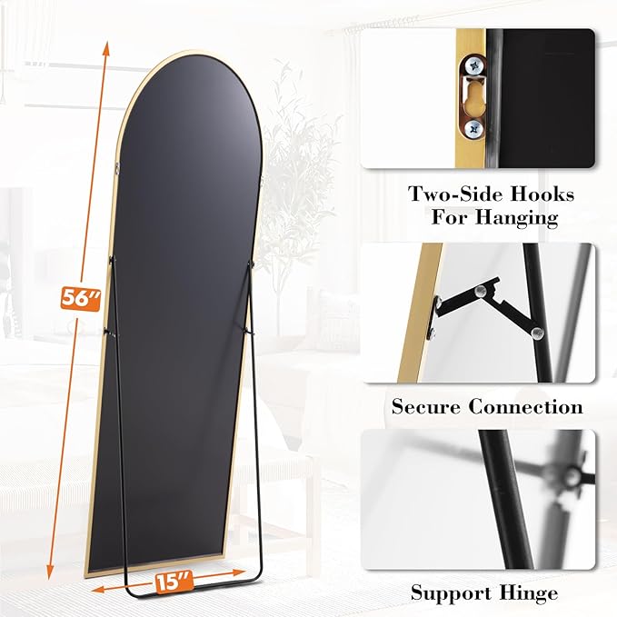 Sweetcrispy 56"x15" Arched Full Length Mirror, Full Body Mirror with Aluminum Alloy Thin Frame, Leaning or Standing, Suitable for Bedroom, Livingroom, Cloakroom, Gold