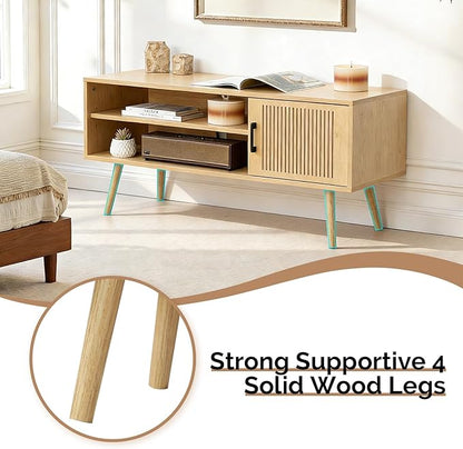 Modern TV Stand for 50 Inch TV, Entertainment Center with Storage Cabinets and Adjustable Shelf, Solid Wood Feet, Cord Holes, Groove Stripe Media TV Console Table for Living Room Bedroom