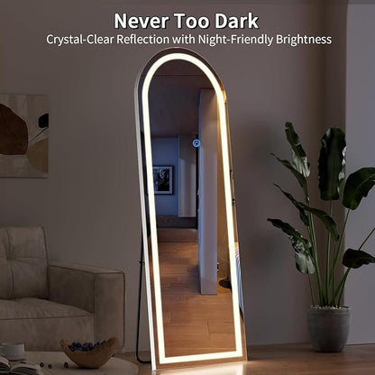 Koonmi LED Arched Full Length Mirror, 65"x24" Full Length Mirror with Lights, Lighted Floor Mirrors with Stand, Full Body Mirrors with Dimming & 3 Color Lightingfor Living Room Cloakroom, White