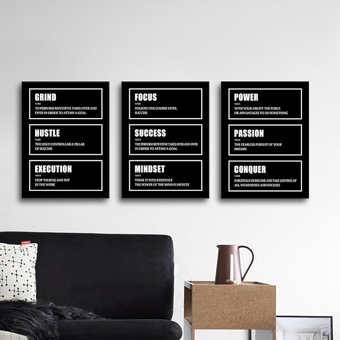 Hustle Success Passion Motivational Canvas Wall Art 3 Pieces Inspirational Painting Prints Entrepreneur Quotes Grind Posters Prints Black Wall Decor for Office Bedroom Workplace Framed [36''W X 16''H]