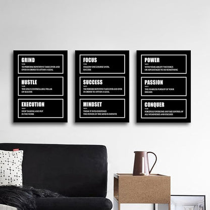 Hustle Success Passion Motivational Canvas Wall Art 3 Pieces Inspirational Painting Prints Entrepreneur Quotes Grind Posters Prints Black Wall Decor for Office Bedroom Workplace Framed [36''W X 16''H]