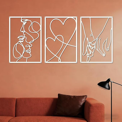 ESTART 3 Pieces Metal Minimalist Line Wall Art, Valentine's Day Lover Kiss Hand Metal Wall Decor, Aesthetic Modern Home Hanging Wall Art Decor for Bedroom Living Room (White)