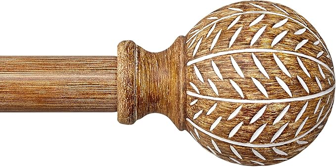 QDWIS Wood Curtain Rods for Windows 66 to 120 Inch,1'' Diameter Drapery Rods with Imitation Wood Grain Leaf Pattern Finials,Boho Adjustable Heavy Duty Curtain Rods Set,36-120'',Color:Natural Wood