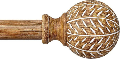 QDWIS Wood Curtain Rods for Windows 66 to 120 Inch,1'' Diameter Drapery Rods with Imitation Wood Grain Leaf Pattern Finials,Boho Adjustable Heavy Duty Curtain Rods Set,36-120'',Color:Natural Wood