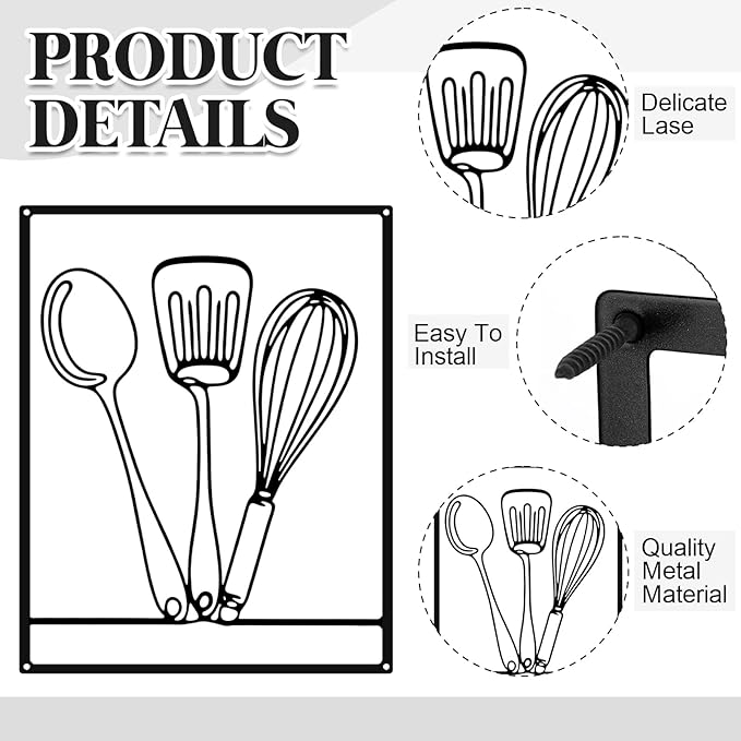 3 Pieces Metal Minimalist Line Kitchen Signs Wall Decor Drawing Rustic Kitchen Wall Art for Dining Living Room Home, 14 x 11 Inches(Kitchenware,Black)