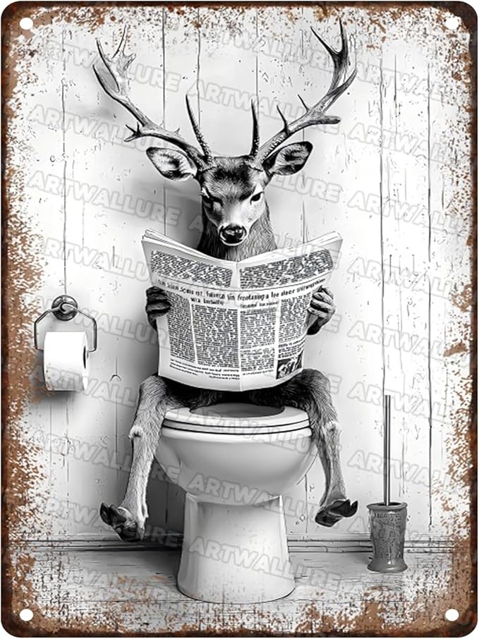 Funny Metal Bathroom Signs Deer Vintage Tin Sign for Bathroom & Restroom Black and White Decor 12x16 Inch