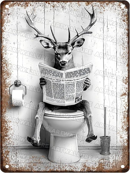 Funny Metal Bathroom Signs Deer Vintage Tin Sign for Bathroom & Restroom Black and White Decor 12x16 Inch