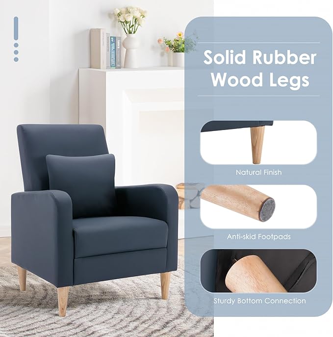COLAMY Mid-Century Modern Upholstered Accent Chair with Back Pillow & Solid Wood Legs, Leather Cozy Armchair for Living Room, Bedroom, Reading Nook, Apartment & Small Spaces, Blue