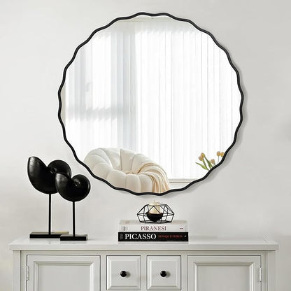 Black Bathroom Mirror for Wall, 24 Inch Round Wavy Mirror with Wood Frame for Bathroom Bedroom Living Room or Entryway(24")