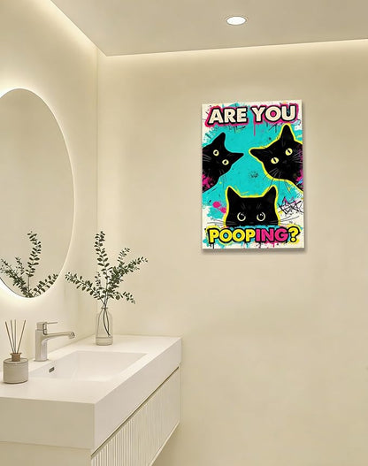 DUFIPOR Funny Black Cat Bathroom Wall Art, Are You Pooping? Graffiti Pop Art Canvas Prints, 16x24 Inch Humorous Bathroom Decor for Washroom Restroom, Trendy Cat Lover Gifts for Bathroom Wall Decor