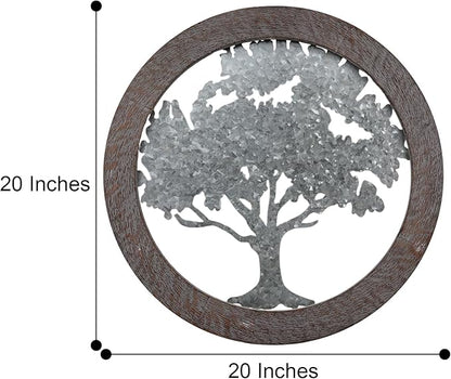 Hosley Tree of Life Wall Decor Set of 2 – 20” Round Metal Wall Art with Wooden Frame, Farmhouse Rustic Home Décor for Living Room, Bedroom, Entryway