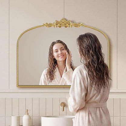Gold Vintage Mirror 32x24 Inch, Laurel Leaf Ornate Beaded Frame Decorative Vanity Mirror, Antique Style Horizontal Bathroom Mirror for Living Room, Entryway，Dresser, Mantle