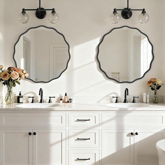 HOMECOOKIN 28" Wavy Round Wall Mirror, Black Scalloped Circle Mirror Edge Round with Metal Frame, Modern Decorative Hanging/Leaning Mirrors for Bathroom, Hotels, Hallway, Entryway, Vanity, Office