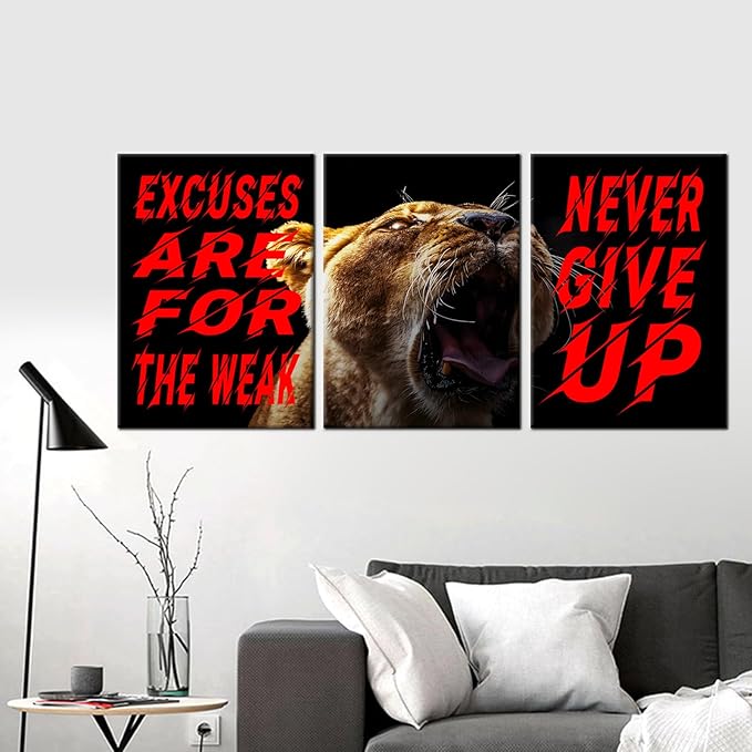 Never Give up Motivational Painting 3 Pieces Canvas Print Inspirational Office Decor Excuses Are for the Weak Inspiring Quotes Poster Framed for Wall Art Decoration Ready to Hang [60''W x 28''H]
