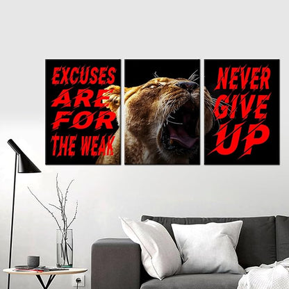 Never Give up Motivational Painting 3 Pieces Canvas Print Inspirational Office Decor Excuses Are for the Weak Inspiring Quotes Poster Framed for Wall Art Decoration Ready to Hang [60''W x 28''H]