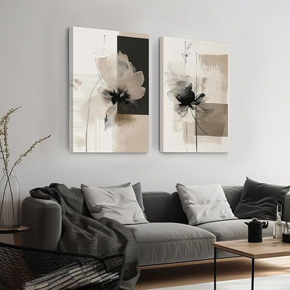 Modern Abstract Floral Wall Art Minimalist Neutral Canvas Painting Decor Beige Cream And Black Wall Art Contemporary Flower Picture Prints for Living Room Bedroom 16x24 Inch Wrapped Canvas Set of 2