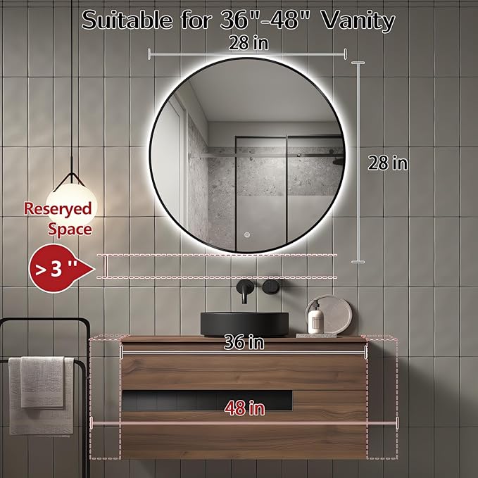 Niccy 28" LED Backlit Round Mirror for Bathroom, Black Framed Vanity Light Wall Mirror, LED Smart Circle Mirrors with 3 Lighting Colors, Round Lighted Mirror with Anti-Fog, IP65 Waterproof