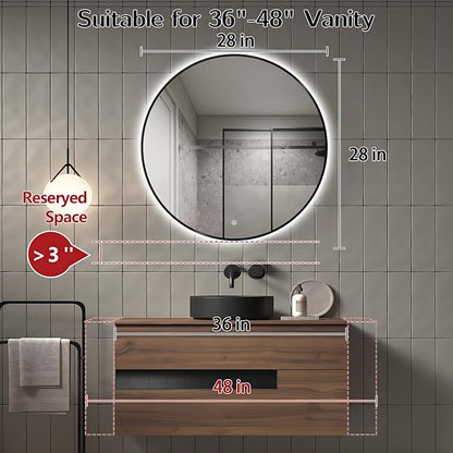 Niccy 28" LED Backlit Round Mirror for Bathroom, Black Framed Vanity Light Wall Mirror, LED Smart Circle Mirrors with 3 Lighting Colors, Round Lighted Mirror with Anti-Fog, IP65 Waterproof