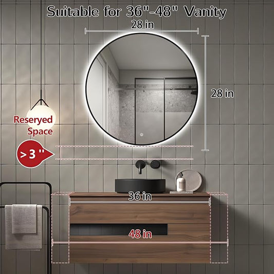 Niccy 28" LED Backlit Round Mirror for Bathroom, Black Framed Vanity Light Wall Mirror, LED Smart Circle Mirrors with 3 Lighting Colors, Round Lighted Mirror with Anti-Fog, IP65 Waterproof