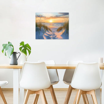LB Coastal Sunset Beach Wall Art Nature Seascape Landscape Ocean Canvas Wall Art Green Grass Plant Wall Decor for Bedroom Living Room Bathroom Framed Ready to Hang 16L x 20W