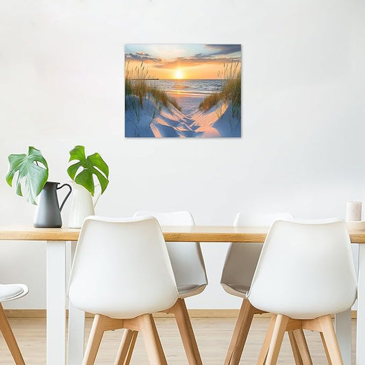 LB Coastal Beach Sunset Wall Art Ocean Nature Landscape Seaside Canvas Wall Art Green Grass Plant Wall Decor for Bedroom Bathroom Living Room Framed Ready to Hang 12L x 16W