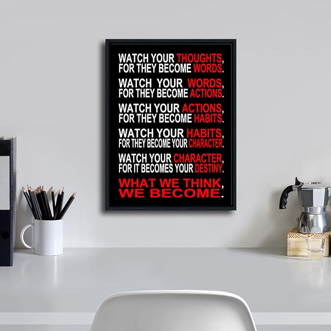 Pyradecor Black Framed Canvas Wall Art Inspirational Poster Office Positive Quotes Watch Your Thoughts Motivational Classroom Artwork for Living Room Home Decorations