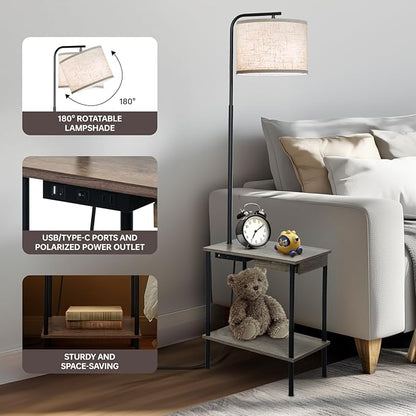 EOEYYOYB Floor Lamp with Table & Drawers, End Table Lamp with USB Charging Portt Power Outlet and Shelves, Side Table Reading Light with 3 Color Temperature Led Bulb Included for Living Room, Gray