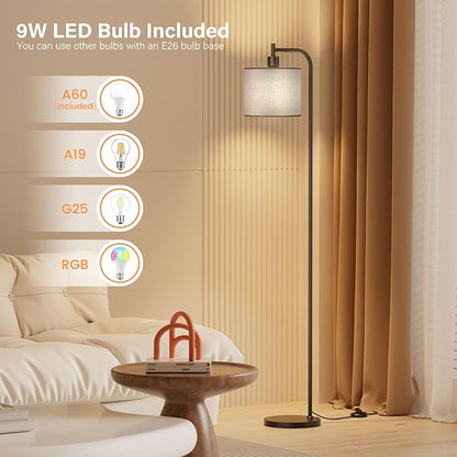 SIBRILLE Floor Lamp with Linen Shade, Dimmable Tall Standing Lamp with Remote Control & 3 Color Temperatures, Modern Corner Floor Lamps for Living Room Bedroom Office, 9W LED Bulb Included