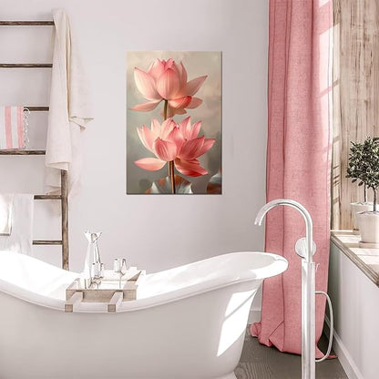 Pink Bathroom Decor Lotus Wall Art Flowers Pictures Modern Spring Floral Paintings Canvas Prints Artwork for Living Room Bedroom Home Decoration Framed