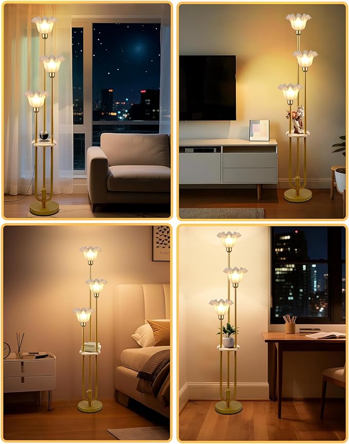 Flower Floor Lamp for Living Room, Vintage Dimmable Floor Lamp with Shelf & LED Bulbs, 3 Light 3000K Warmwhite Mid Century Gold Floral Standing Tall Lamp with 5Lbs Heavy Base for Bedroom