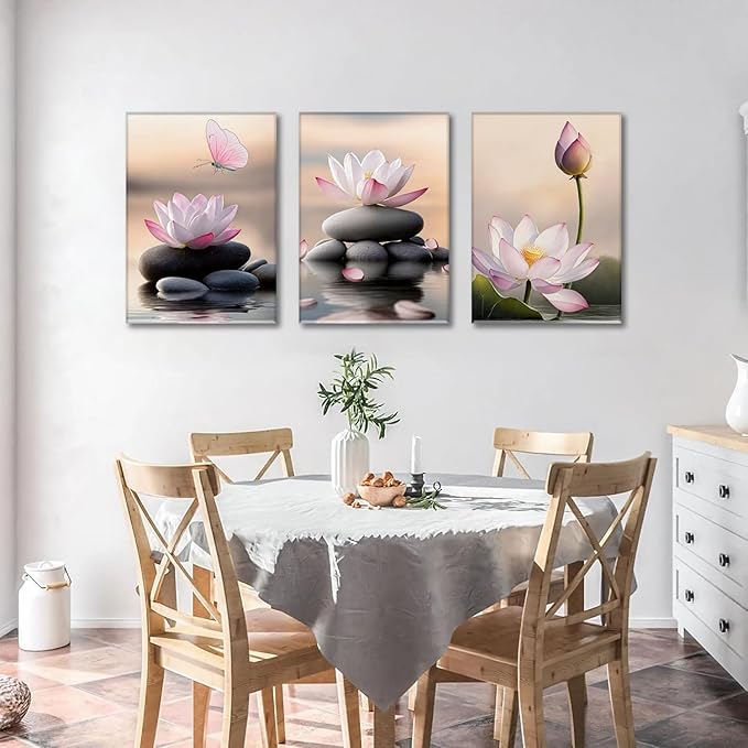 AOYUSMO 3 Piece Lotus Flower Wall Art Zen Bathroom Wall Decor Spiritual Canvas Art Yoga Room Pink Lotus Pictures Meditation Paintings Spa Artwork For Living Room Bedroom