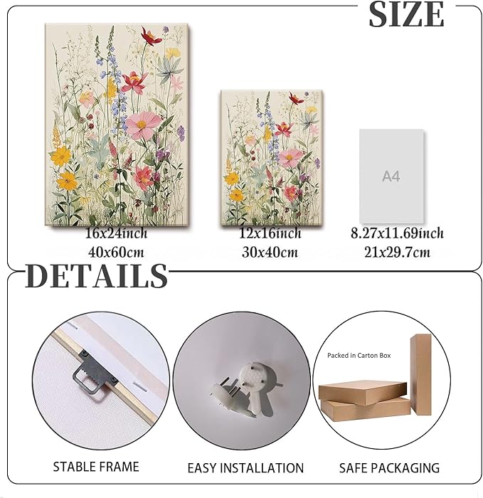 KISSFOX 3 Piece Canvas Wall Art Wildflowers Wall Decor Floral Pictures Botanical Paintings Watercolor Prints Colorful Artwork For Bedroom Bathroom Living Room