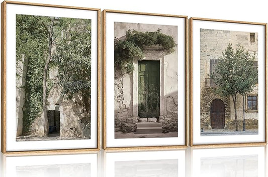 HOURIA Vintage Italy City Landscape Framed Canvas Wall Art Set,Sage Green Olive Tree Old House Wall Decor,Modern Mediterranean Country Cityscape Artwork for Living Room,Bedroom,Farmhouse-16 x24 x3