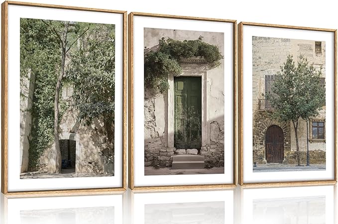 HOURIA Vintage Italy City Landscape Framed Canvas Wall Art Set,Sage Green Olive Tree Old House Wall Decor,Modern Mediterranean Country Cityscape Artwork for Living Room,Bedroom,Farmhouse- 24"x36"x3