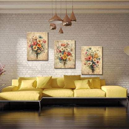 KISSFOX Framed Colorful Wildflower Canvas Wall Art Set Of 3 Flowers Pictures Prints Flowers Printing Floral Watercolors Flower wall Decor Living Room Girls Bedroom Bathroom