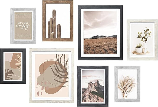 ArtbyHannah Gallery Wall Frame Set,Vintage Multi-Color Picture Frames Collage Wall Decor with Neutural Art for Living Room Stariway,8 Pack Assorted Size 8"x10",5"x7",4"x6", Small