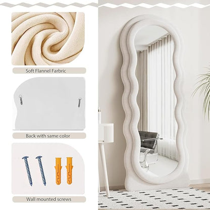 Dewfig Full Length Mirror, 63" x 24"Irregular Wavy Mirror, Large Floor Length Mirrors Wall Mounted, Standing Wavy Mirrors with Flannel Wrapped Wooden Frame for Bedroom/Living Room, White